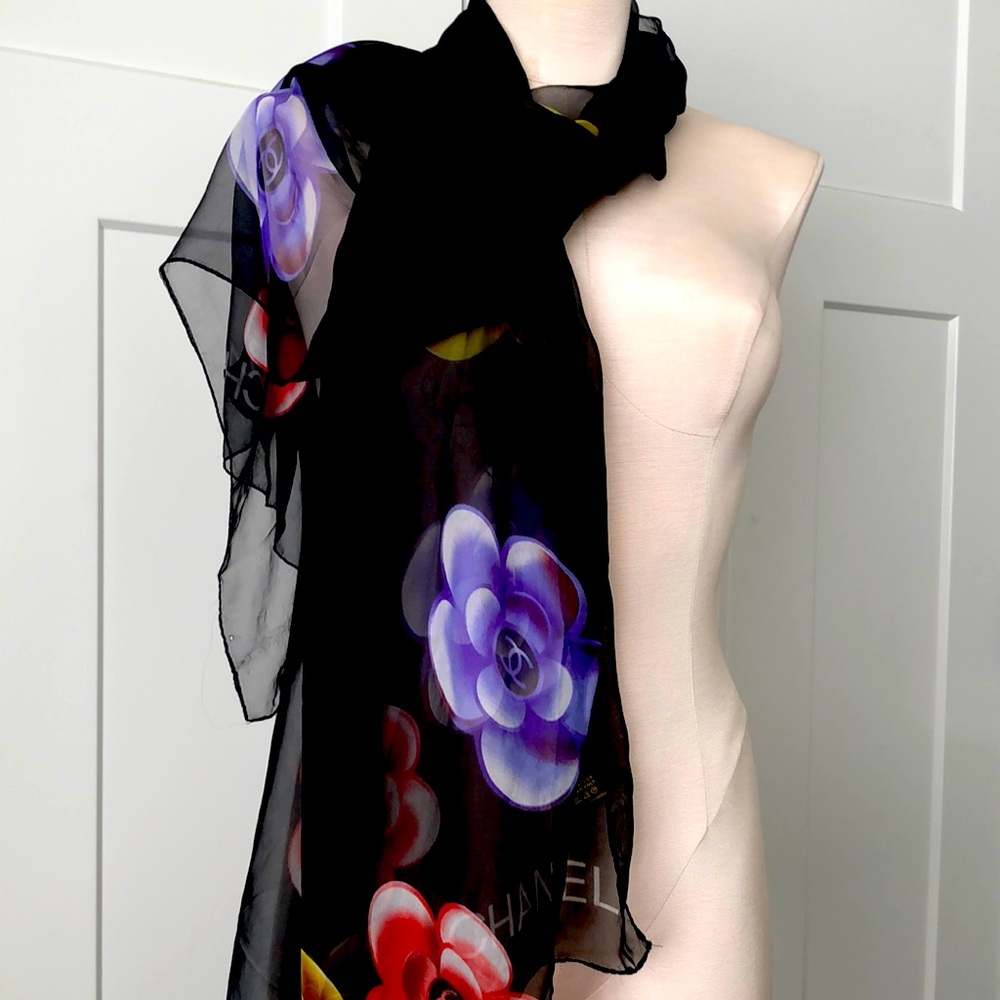 Chanel sheer silk scarf with red, blue and yellow flowers